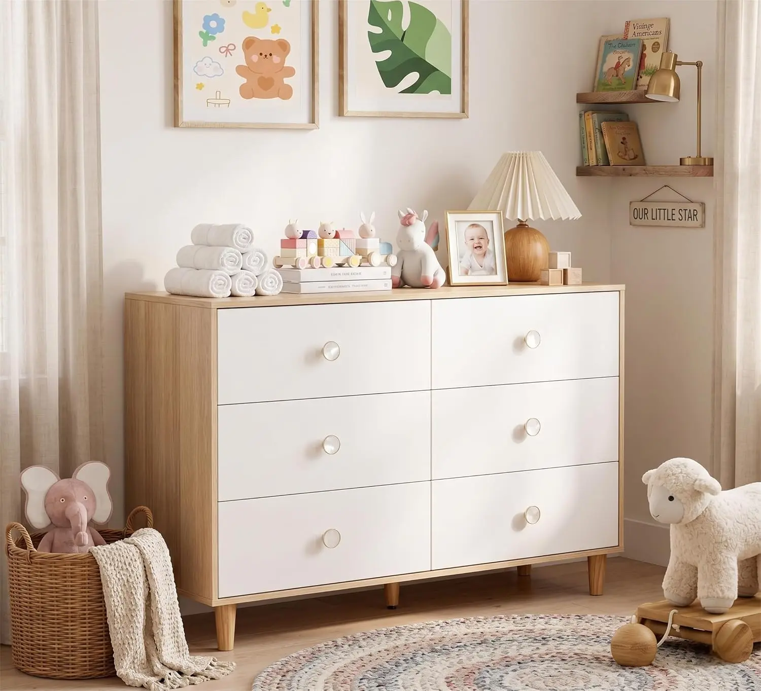 White Dresser for Bedroom, 6 Drawer Dressers with Solid Wood Legs, Baby Dresser for Nursery & Kids, Storage for Clothes and Baby Essentials