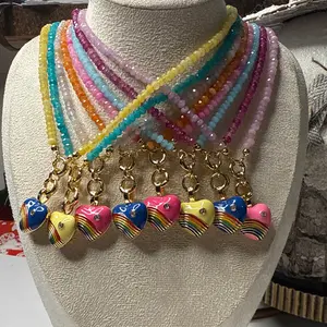 Joyful Double Lock Rainbow Heart Charm Necklace