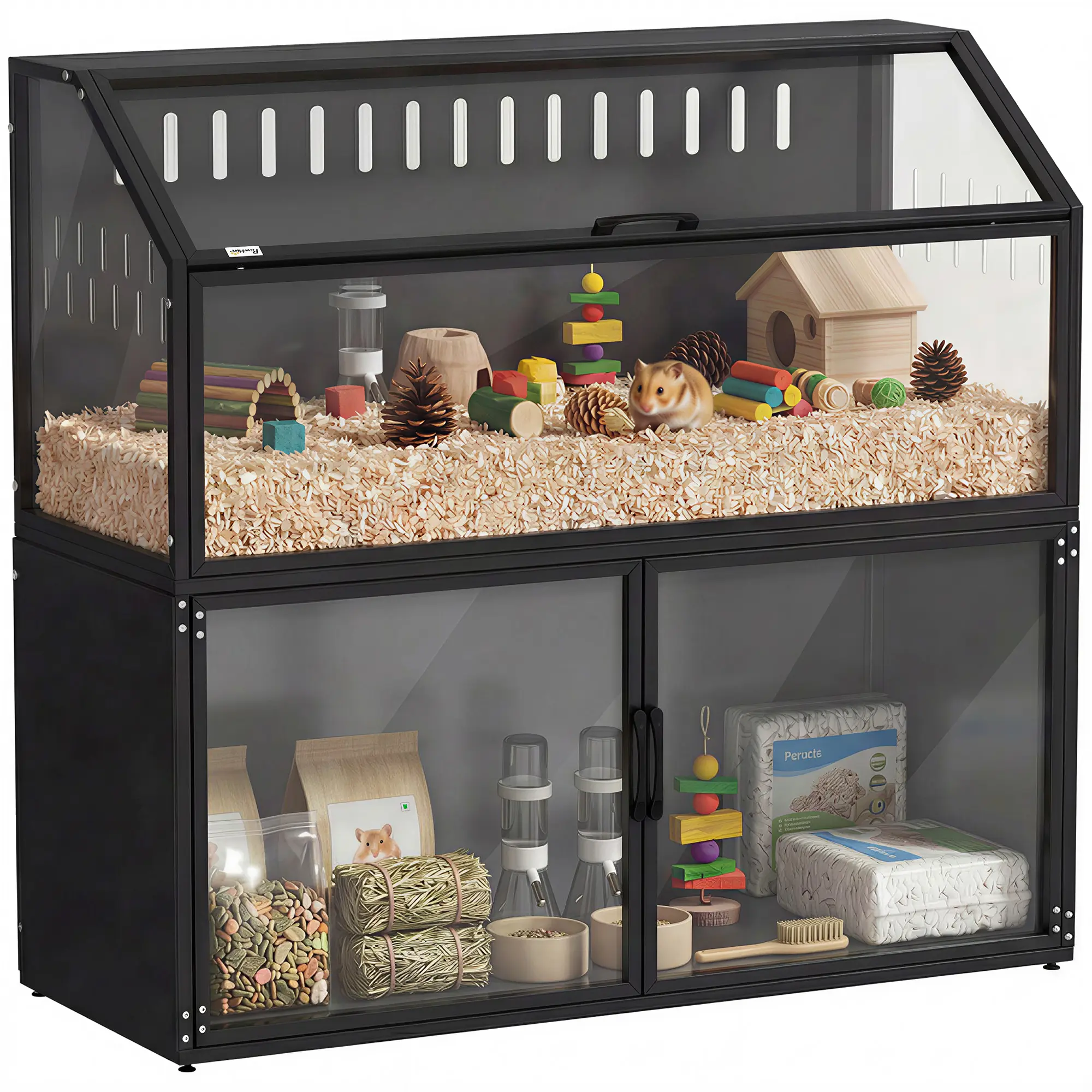 Hamster Cage with Storage Cabinet – Acrylic Panels, Openable Top. 40.9" L x 16.1" W x 40.2" H. Steel Frame, Chew-Resistant. For Syrian Hamsters, Gerbils, Mice & Hedgehogs