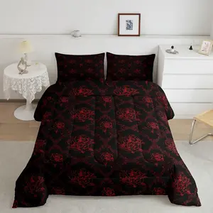 Gothic Comforter Set,Vintage Rose Comforter,Red Black Damask Bedding Set for Boys Girls Teens,Luxury Floral Flower Duvet Set