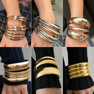 Trendy Shiny Metal Bangle Set, 6-Piece, Smooth & Textured Finish, Minimalist Fashion Hand , Non-Fading Stackable Bracelet Set