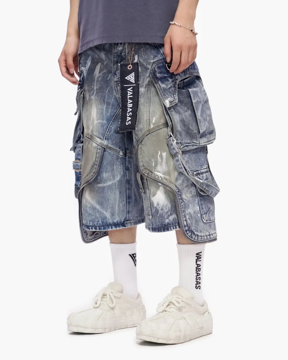 Osama Menswear Cotton Blend Denim Jorts for Men - Relaxed Longline Fit in a Dirty Blue Wash, Streetwear Style, Casual Fashion Loose, Denim Clothing, Utility, Cotton Fabric Jean, Shorts, Streetwear Look, Worn-In Wash, Cold Wash
