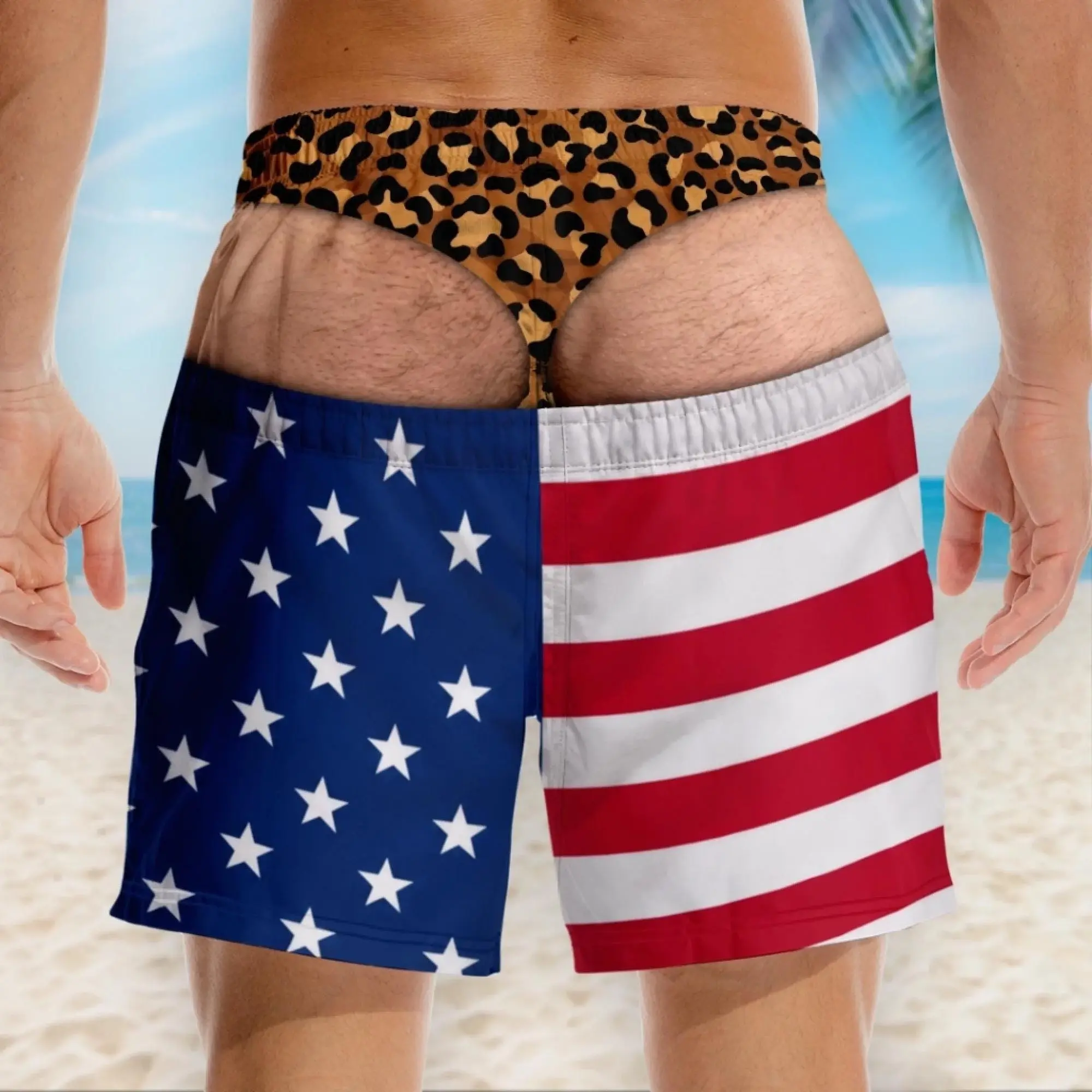 Funny USA Flag Swim Trunks for Men, Fake Butt Beach Shorts, Novelty American Flag Swimwear, Patriotic Summer Vacation Pool Party Shorts