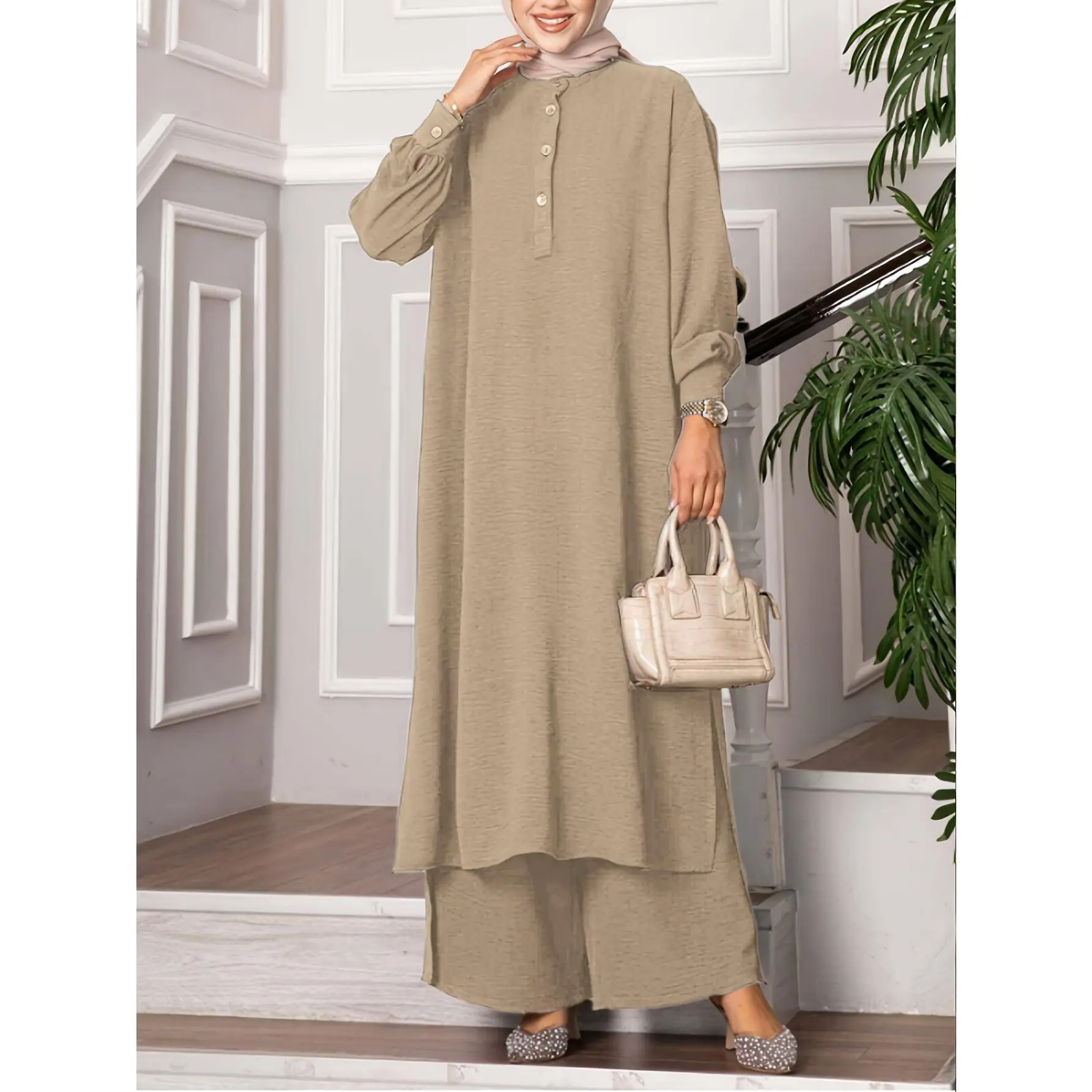 New Two-Piece Abaya Outfit Featuring a Dress And Pants, Designed for Elegance with a Solid Color, Round Neck, Button-Up Long Sleeve Shirt, And Elastic Waist Long Pants, Perfect for Stylish Commuting. (Headscarf Not Included)