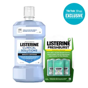 Listerine Bad Breath Defense Kit, Clinical Solutions Breath Defense Alcohol Free Mouthwash 1L & PocketPaks Dissolving Breath Strips (Available in Freshburst and Cool Mint Flavors)
