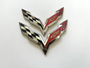 Pair Fits 2014-2019 Corvette C7 Emblem Cross Flags Badge 3D Logo (Chrome)