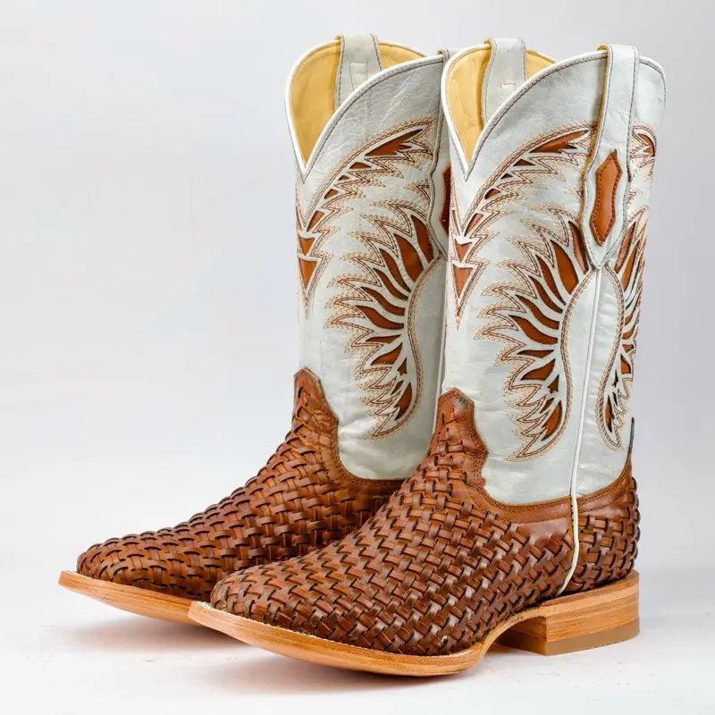 Tan Basketweave Leather Boots - Square Toe Tan Basketweave Leather Boots - Square Toe