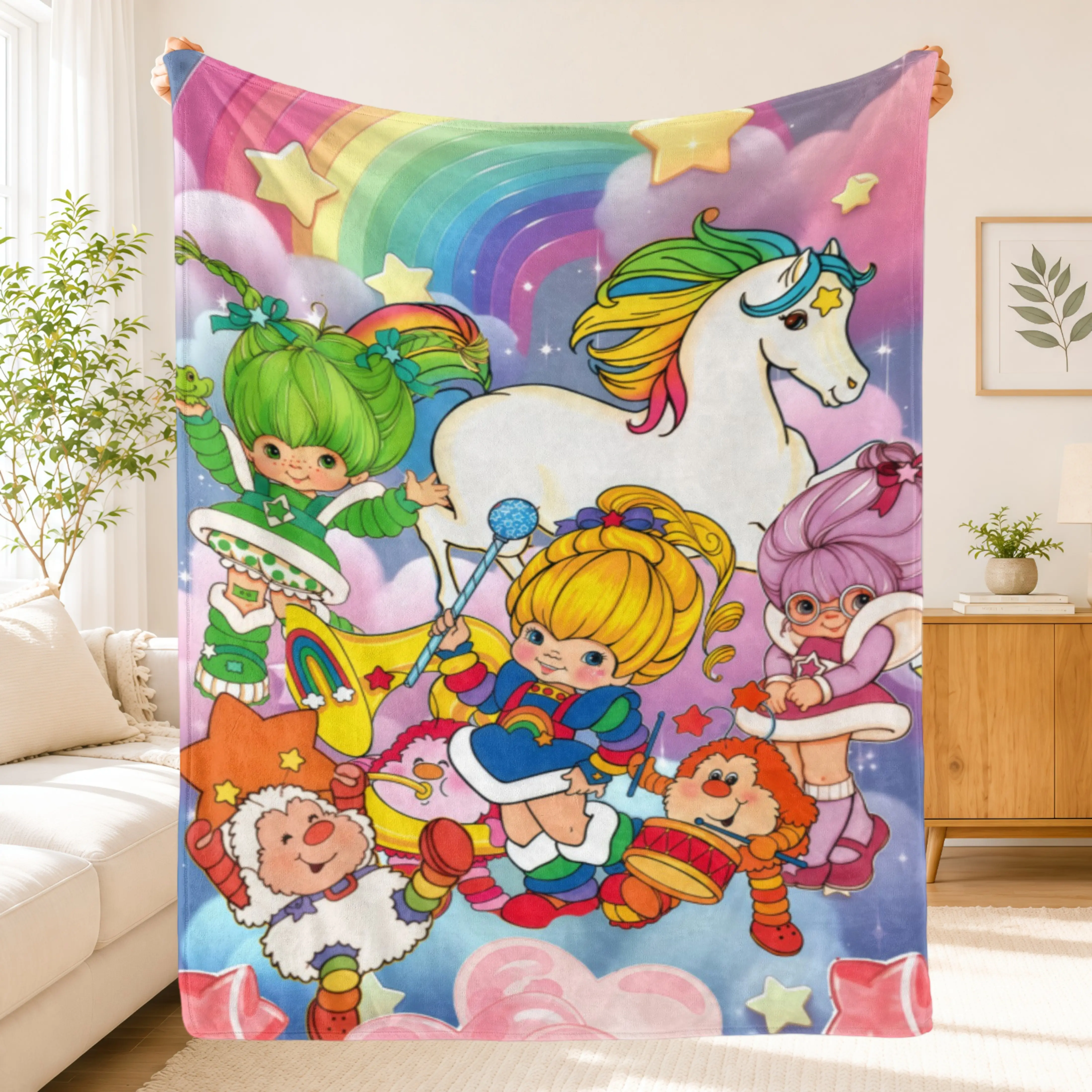 80s Retro Rainbow Brite Cartoon Flannel Throw Blanket,Cute Colorful Rainbow Girl Starlite Horse Soft Blanket for Bed Couch Bedroom Decor,Nostalgia Gift for Women Girls Kids Fans for Birthday Christmas