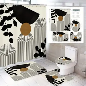 4pcs Modern Abstract Bathroom Decor Set with Black Leaf Vine and Mustard Yellow Circles, Stylish Shower Curtain, Toilet Lid Cover & Coordinated Bath Mats, Elegant Arch Pattern for Contemporary Holiday Bathroom Upgrade