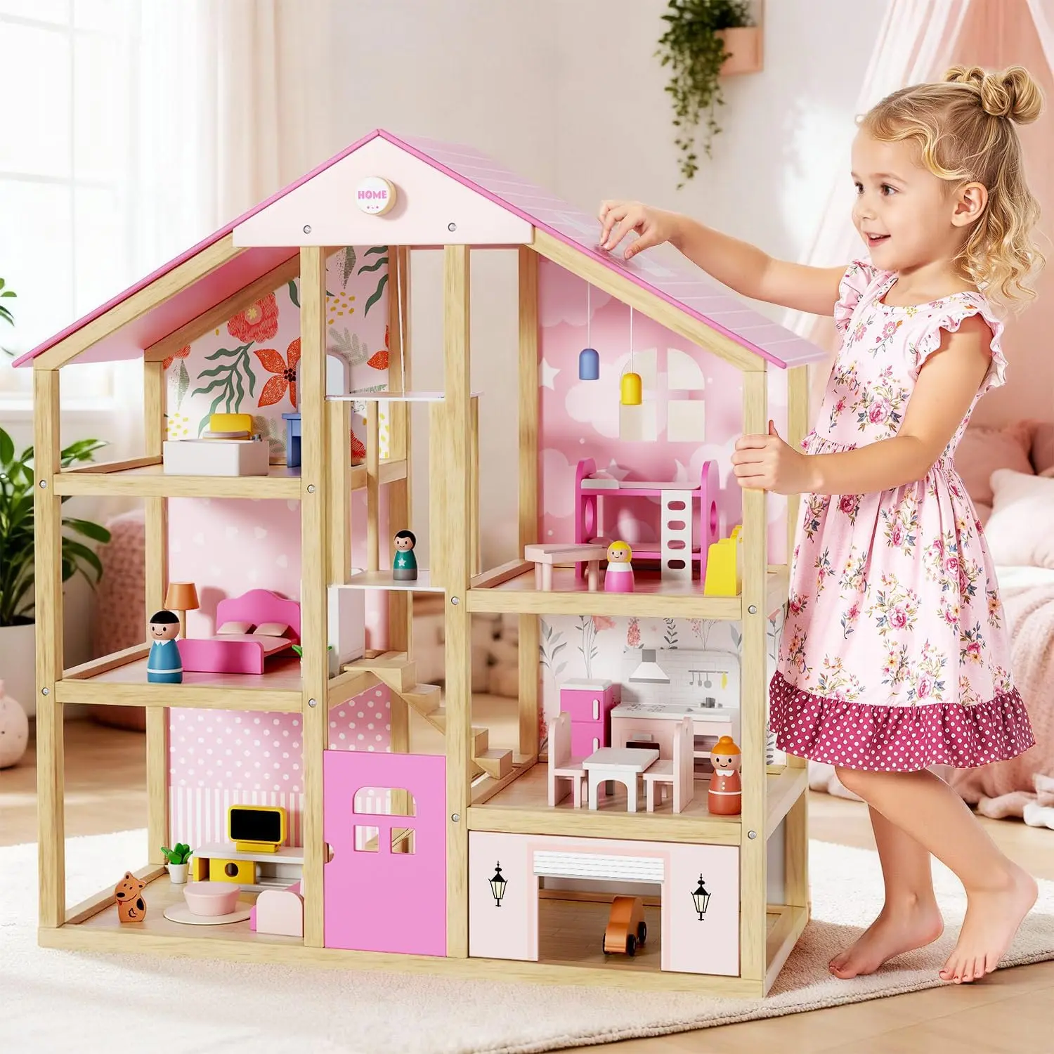 BIERUM Large Modern Wooden Doll Playset - 49Pcs Furniture Set, Dolls, Pets, DIY Puzzle Backyard Pool, Swing, Unisex Kids' Outdoor Toy Gift Ideal for Ages 3+, Doll Accessories Gift, 49 Wooden Furniture Pieces