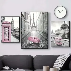 3pcs Modern Art Canvas Poster Eiffel Tower Girl Bedroom Frameless Decoration Light Pink Paris Theme Wall Art Living Room Corridor Mural