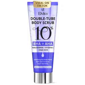 Elvira Double-Tube Body Scrub - Inner Tube with 10% AHA & BHA to Exfoliate Keratosis Pilaris and Reduce Bumps, Outer Tube with Niacinamide to Hydrate & Smooth Skin, Paraben & Sulfate-Free; 7 oz
