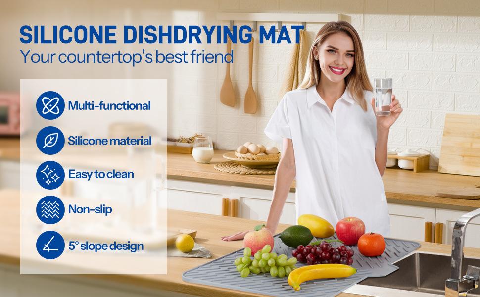 Silicone Drying Mat, 23"X17" With Built-in Drain Lip,Heat-Resistant,Eco-friendly,Hygienic Drying Pad,Leak-Proof and Non-Slip,Silicone Dish Drying Mat for Kitchen Counter or Sink（Gray 23X17）