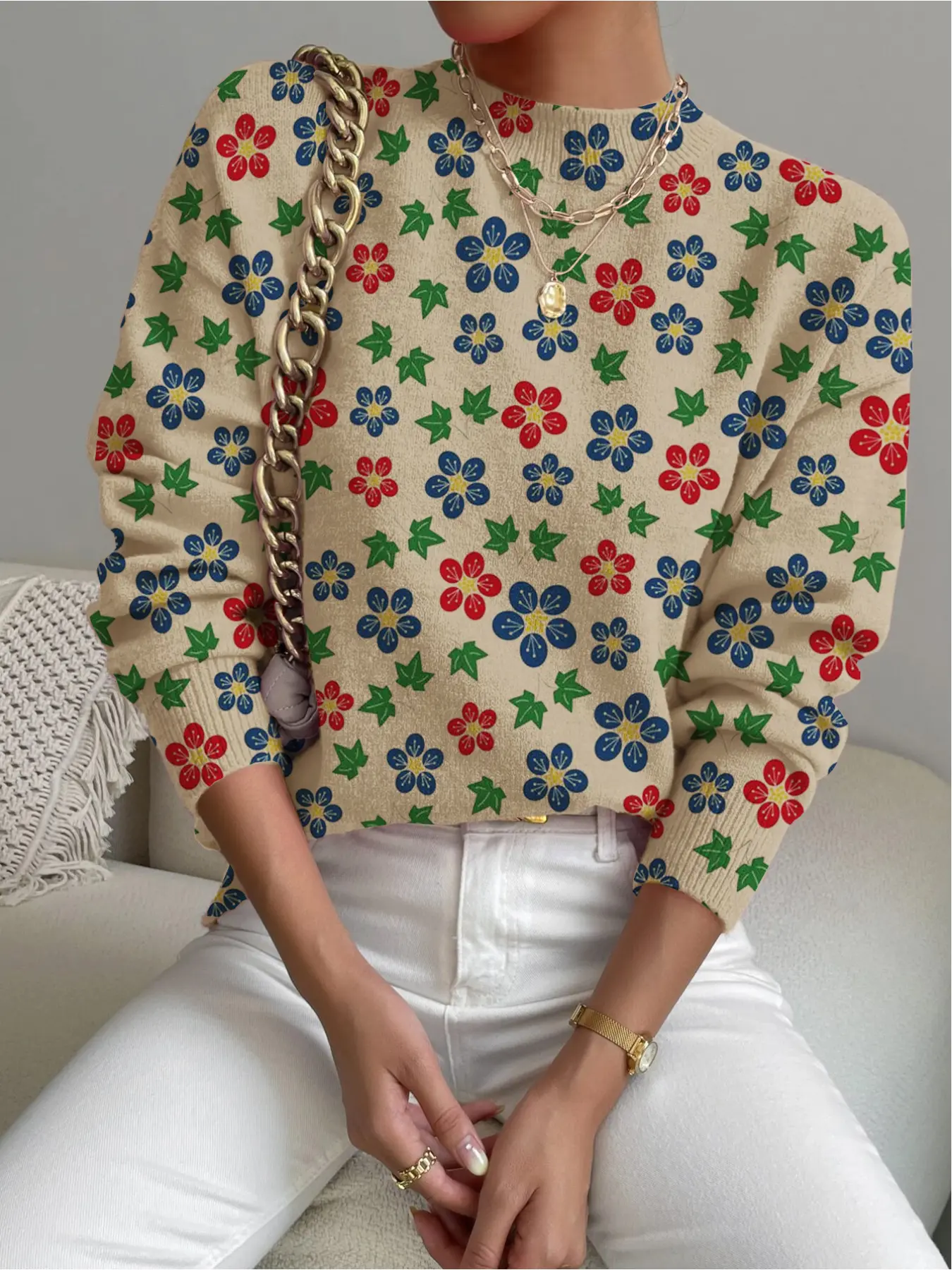 Women's Floral Leaf Print Stand Collar Sweater, Casual Long Sleeve Knitwear for Fall & Winter, Comfortable and Warm Daily Wear
