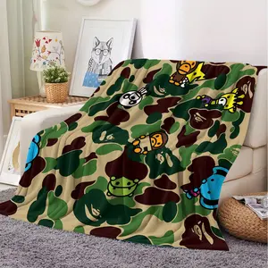Bape Baby Milo Classic Camouflage Flannel Sofa Bed Blanket, Fashionable Street Elements and Cute Cartoon Cover Blanket, Soft Plush Silky & Thick, Indoor Outdoor Use, Fashion Decoration