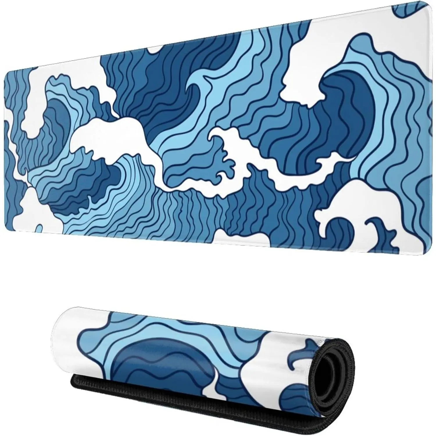 Japanese Blue and White Wave Gaming Mouse Pad - XL 24x14 in Computer Desk Pad with Non-Slip Rubber Back & Stitched Edges, Computer Mouse Pad, Gaming Mousepad