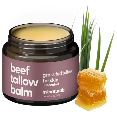 M3 Naturals LLC Unscented Grass Fed Beef Tallow Balm for Skin Body & Face - Moisturizing Honey Balm with Cold Pressed Olive Oil & Beeswax 2 oz 57g Long Lasting Hydrating Soothing Cream