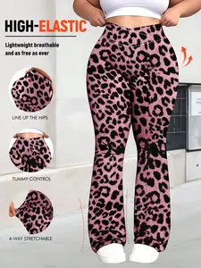 Plus Size High Waist Leopard Print Flared Trousers, Elastic Slim Fit Yoga Pants, Sporty Casual Wide Leg Pants for All Seasons