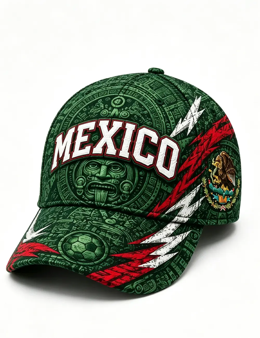 Unisex Mexico Hat - Aztec Print, Mayan Print, Lightning Strip, Embroidered Eagle Soccer Graphic, Curved Brim, Machine Washable Casual Wear Travel Fashion Accessory Cap