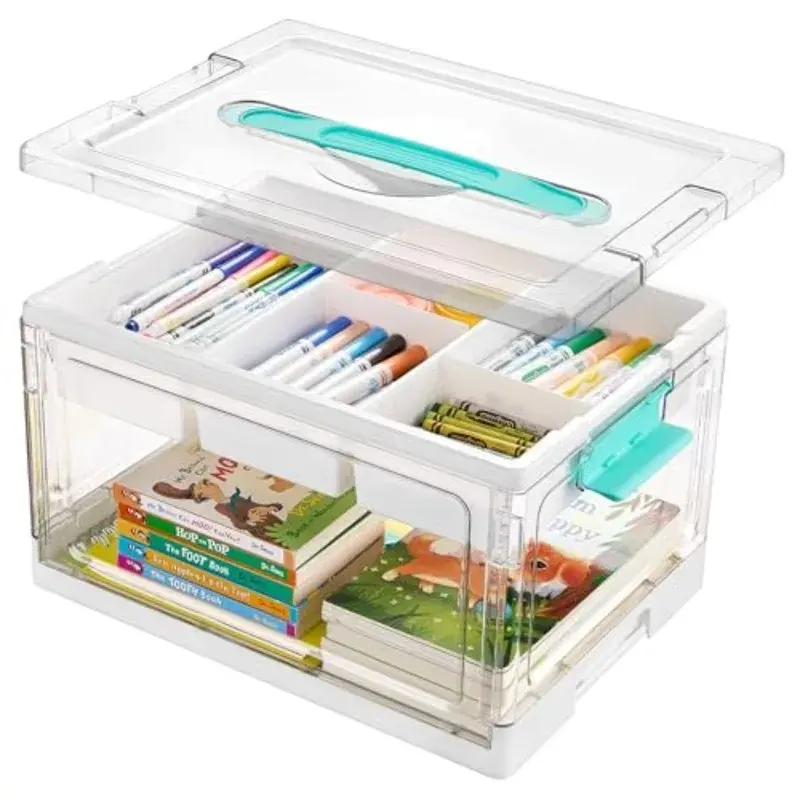 24 QT Clear Plastic Craft Organizer with Removable Trays and Dividers, Storage Box for Coloring Books, Modeling Clay, Molds and Detachable Storage Compartment