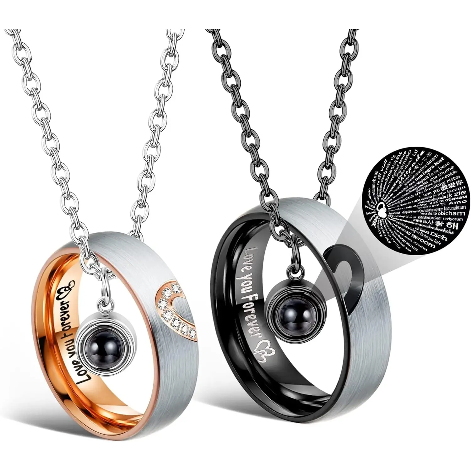 Couple Projection Necklaces 100 Languages I Love You Pendant Set Matching Promise Rings with Love You Forever Inner Engraving Stainless Steel Hypoallergenic Gift for Him and Her