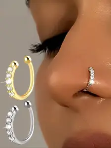 2pcs Hole-Free Nose & Ear Clips, Unique Unisex Korean Street Style Cuff Earrings, Simple & Elegant Fake Ear Bone Studs, Nose Piercing Jewelry