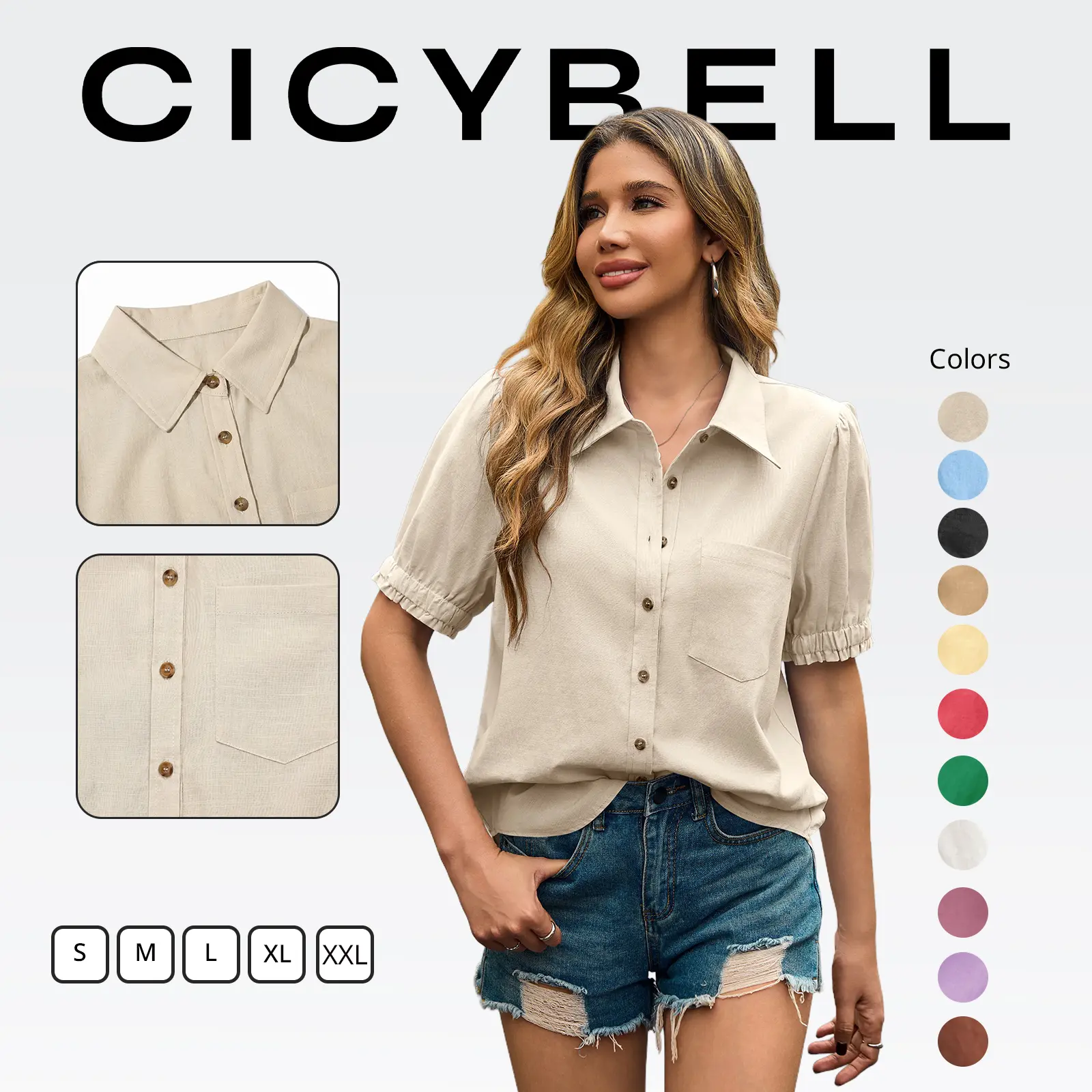 Cicy Bell Women's Puff Short-Sleeve Button-Down Blouse - Linen, Lightweight, Loose-Fit, Collared V-Neck, Summer Casual Work Top Cicy Bell Women's Puff Short-Sleeve Button-Down Blouse - Linen, Lightweight, Loose-Fit, Collared V-Neck, Summer Casual Work Top