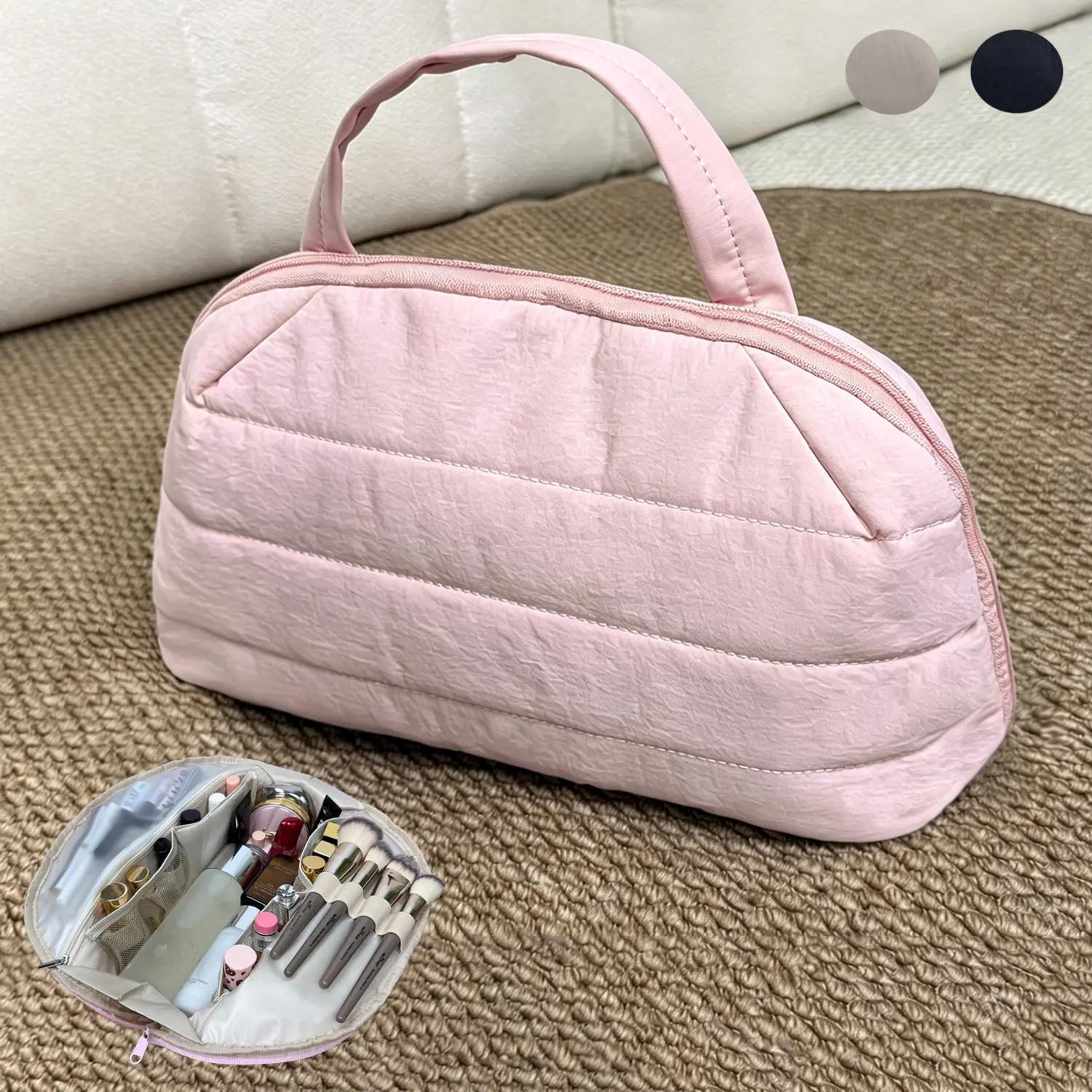 Women's Quilted Puffy Make-Up Bag - Waterproof Fold-Down Travel Beauty Bag, Upright Standing Beauty Storage Pouch, Multi-Compartment Compact Square Carrying Set
