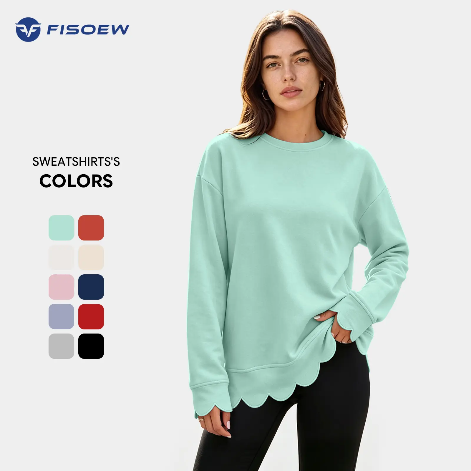 Fisoew Women's Minimalist Casual Knit Sweatshirt - Air-Layer Fabric, Long Sleeve, Round Neck, Oversized Tunic, Wavy Scallop Hem & Cuff, Loose Fit, Light Vintage Heather, Fall Layering Pullover Lady Tops for Women's Clothes