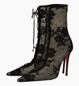 Christian Louboutin KM Lace Booty 100 Black Mesh Lace Up Tie Ankle Heel Bootie