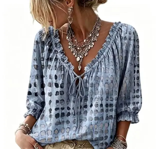 Women's V-Neck Print Blouse, Drawstring Ruffle Top