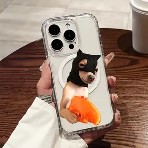 Phone Case: Cute Dog with Mask and Orange Toy Transparent Thickened Shockproof Hard Case with Magnetic Ring Supports Wireless Charging for iPhone 17/16/15/14/13/12/50/X/XS/XR/Mini/Plus/Pro/Max/air - A Top Choice for Fresh and Stylish Gifts