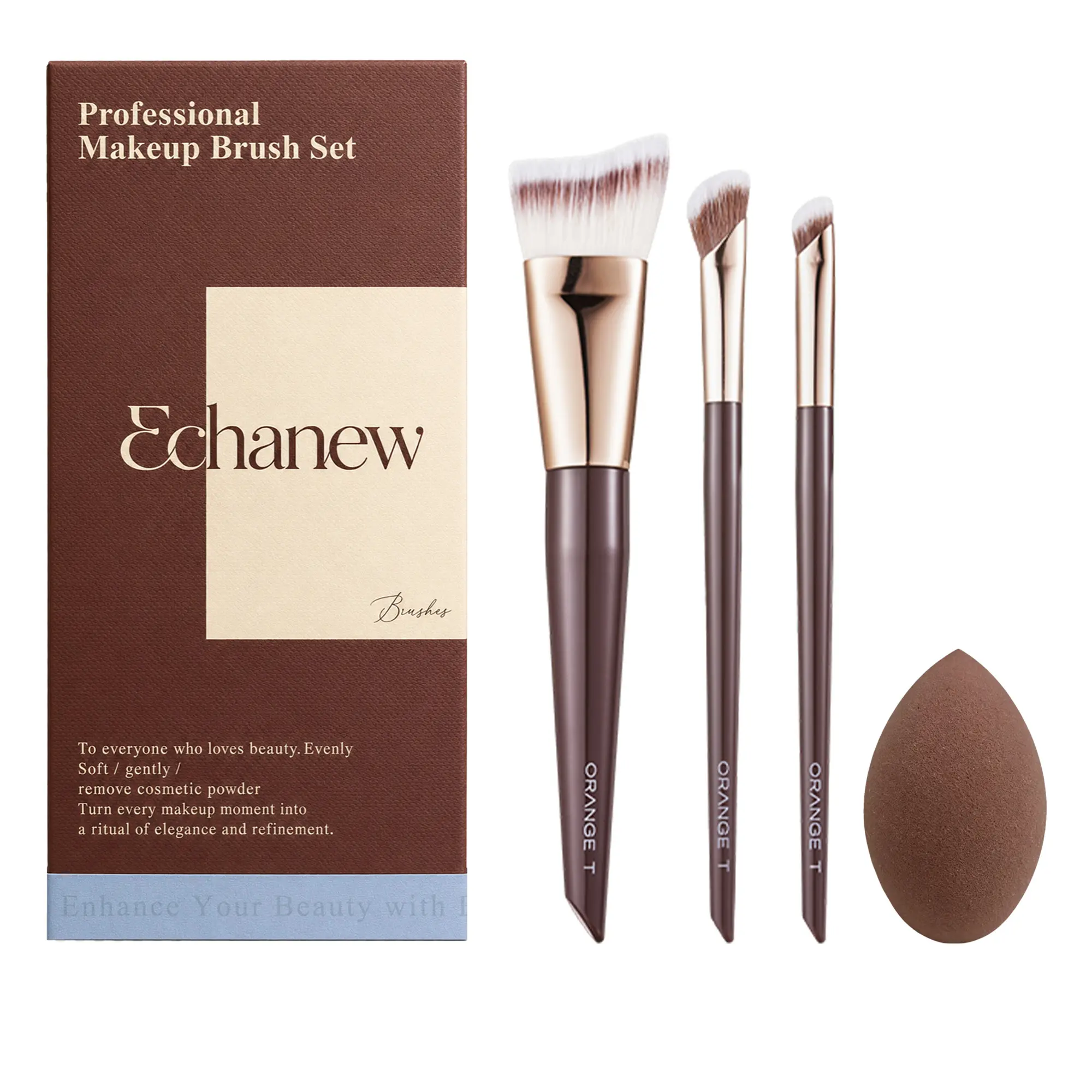 ECHANEW 4Pcs Makeup Brush Set - Professional Stippling Contour Brush, Nose Shading & Precision Defining Brushes with 1 Beauty Blender Sponge - Soft Synthetic Face Sculpting Kit