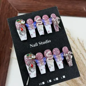 10pcs Gothic style, hand-painted three-dimensional spider, cherry, butterfly, shiny pink diamonds handmade fake nails, Glossy false nails, Suitable for outings to participate in escape room challenges, haunted houses, and Halloween events