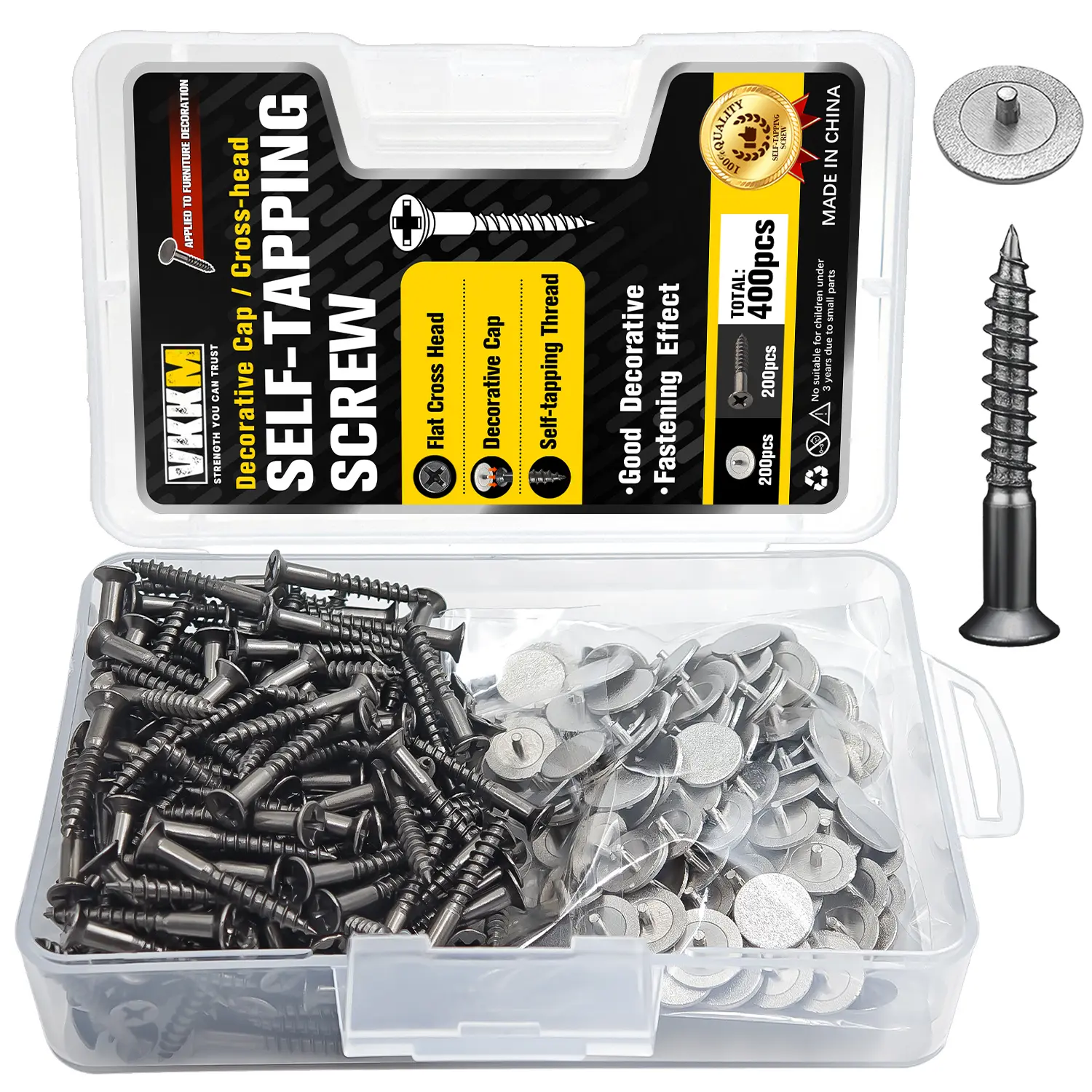 VKKM 400Pcs Cross Flat Head Self Tapping Screws with Decorative Caps, Black Wood Self Drilling Screws Assortment Kit for Furniture Cabinet Wood Working Decoration