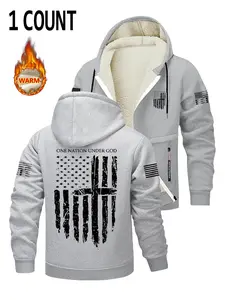 Men's Fleece Lined Zipper Hoodie Jacket, Hot Trending Hoodies, Flag Print Design, Soft Comfortable Fabric, Casual Fashion Outerwear for Fall & Winter Seasons