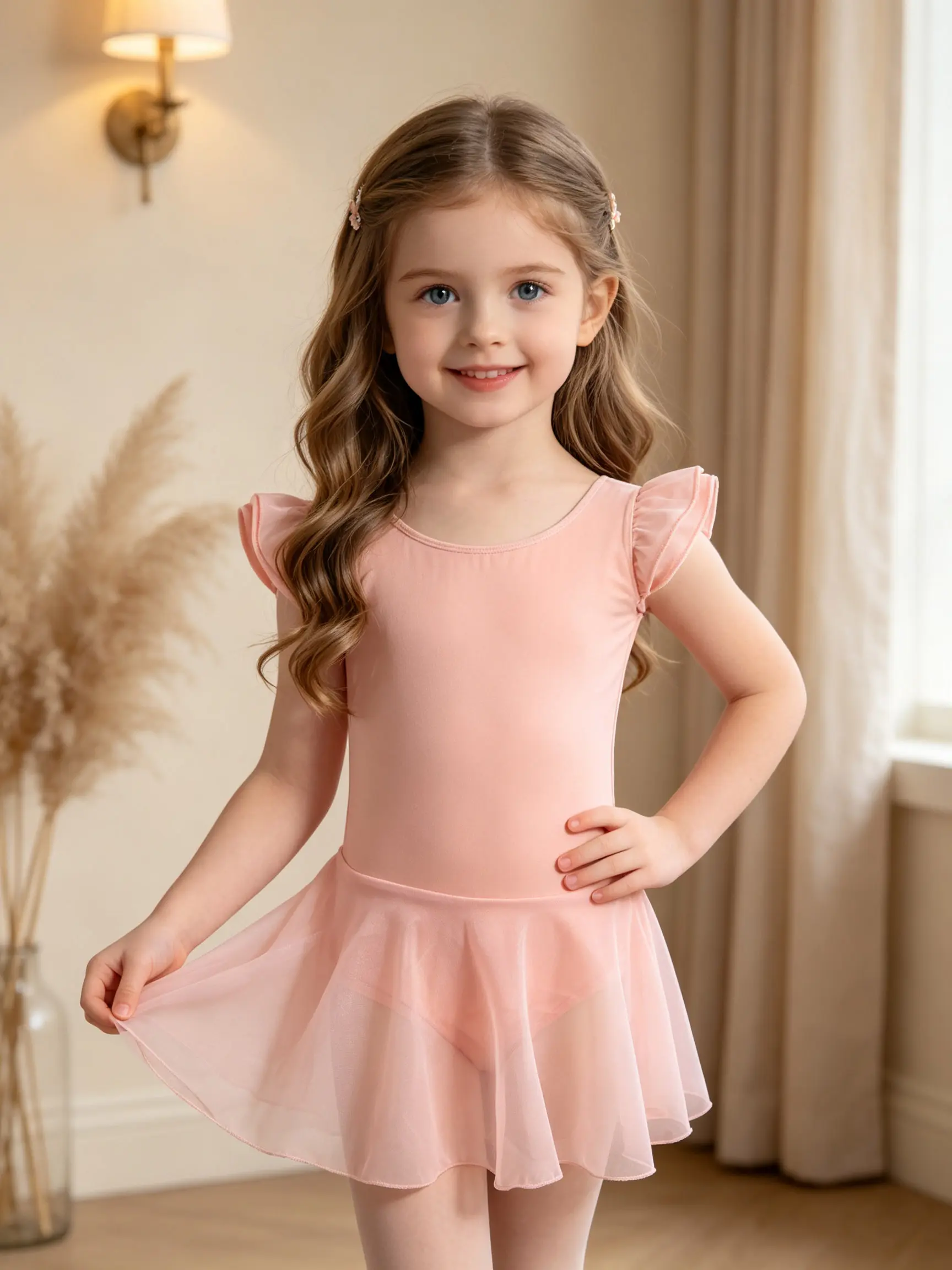 Toddler Girls Solid Pink Round Neck Flutter Ruffle Sleeve Ballet Leotard Soft Sheer Mesh Skirt High Stretch Breathable Outfit for Daily Ballet Training Gymnastics Practice Stage Performance