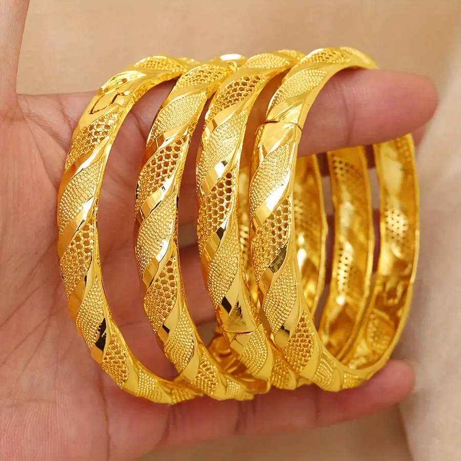 Women's Exquisite Bangle Bracelet Set - Gold-Plated Textured Twist Mesh, Thin Stackable Hypoallergenic Costume Jewelry with Vintage American Jewelry Design for Daily Wear, Thanksgiving, Elegant Bangle Bracelet, Gold Bangles