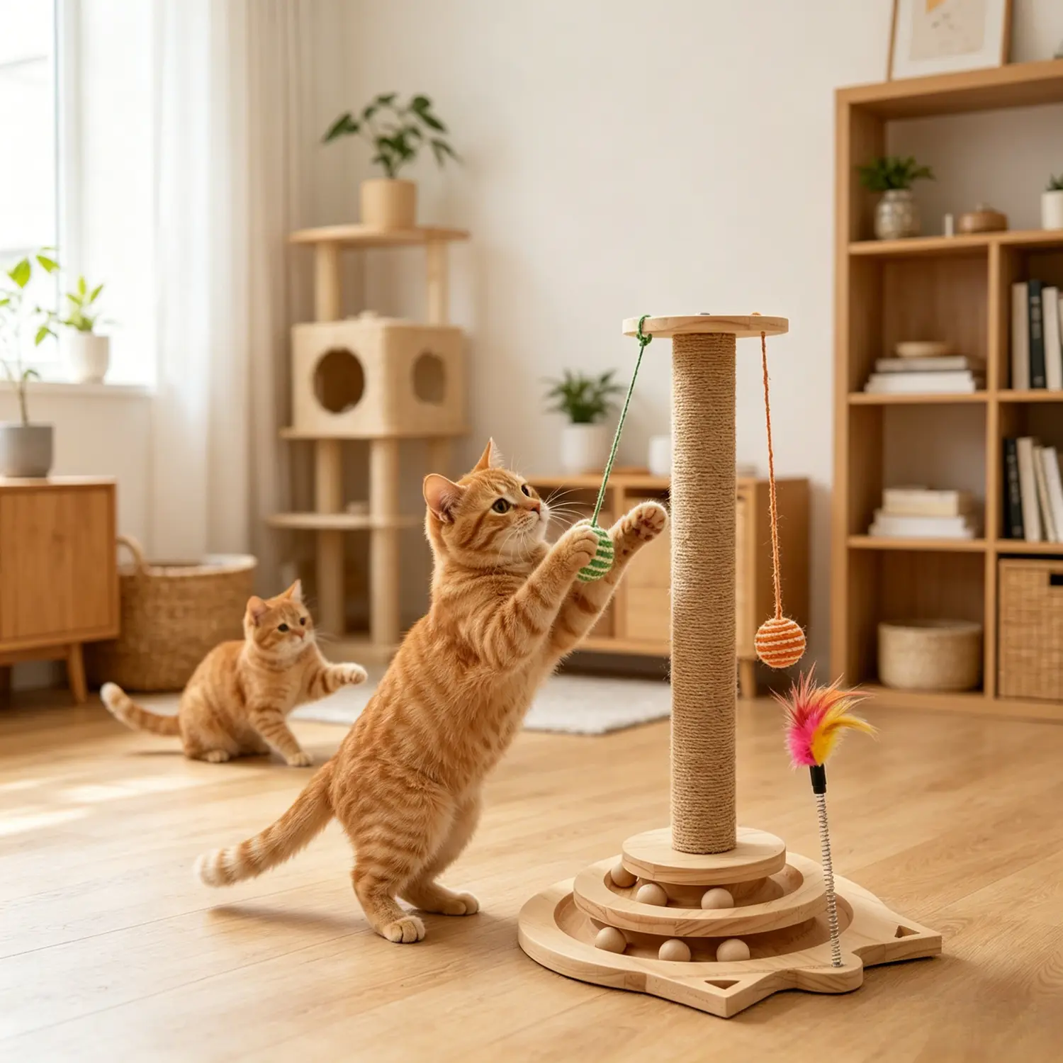 Raybee Cat Scratching Post with 3-Level Solid Wood Turntable Base & 2 Tracks of Playing Balls Raybee Cat Scratching Post with 3-Level Solid Wood Turntable Base & 2 Tracks of Playing Balls