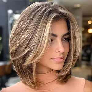 Freedom w/ Roots (medium wig)，Women's Real Hair Wig - 150% Density 13x4 Lace Front with Highlights and Gradient - Natural Brown Highlights, Straight Bob Style, Brown Roots to Dark Brown Tips - Suitable for Everyday and Special Occasions-FitsAll BeigeTones