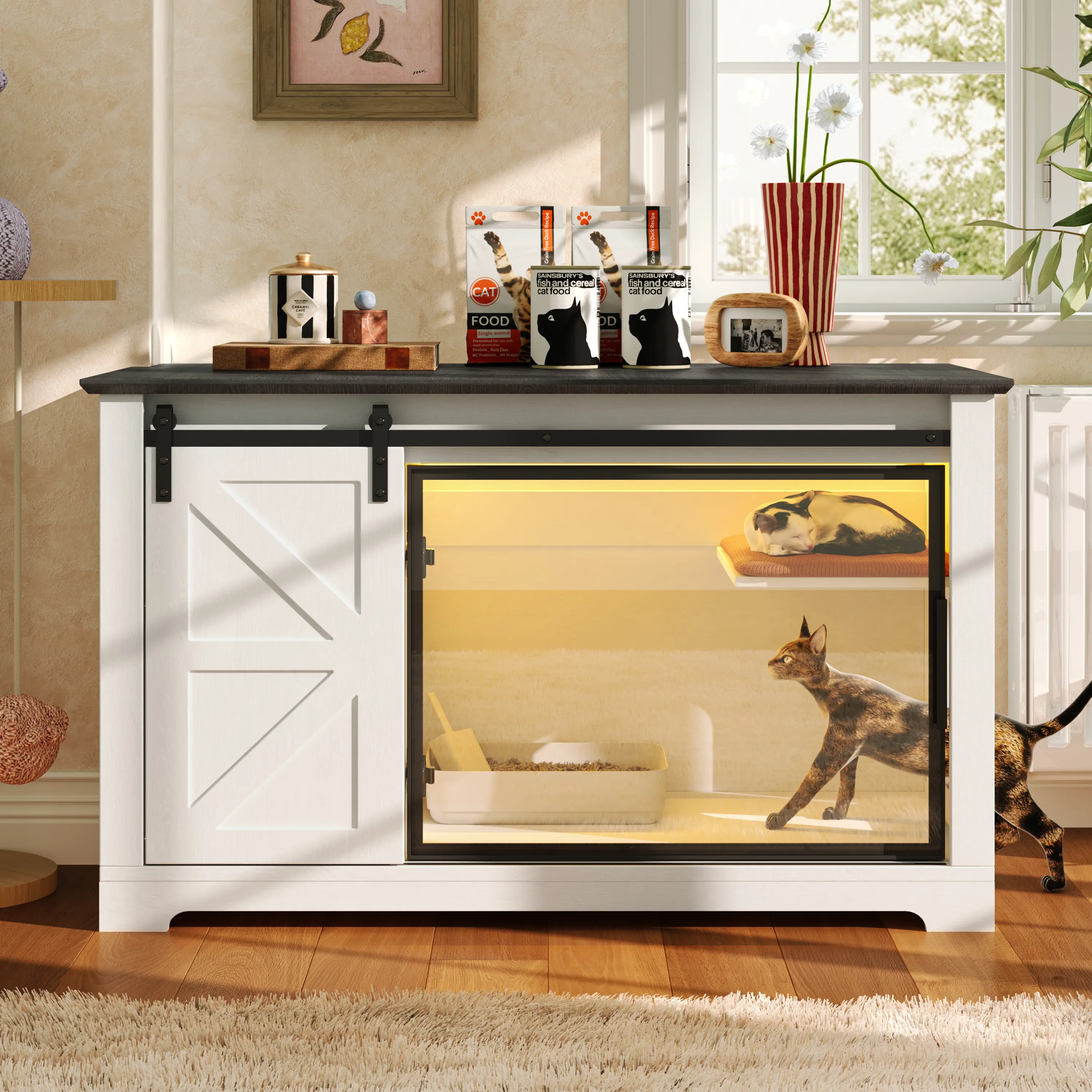46" White Farmhouse Cat Litter Box Enclosure - Sliding Barn Doors, Hidden Acrylic Door, LED Light, Storage Cabinet, Enhances Privacy, Privacy View, Easy to Assemble, Odor Control, Pet Washroom Nightstand Furniture, 29.5'' x 20''