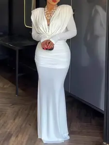 Women's Polyester Ruched Long-Sleeve Formal Maxi Dress with Zipper - Women's Clothes for Formal Wear Occasions