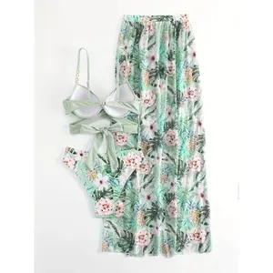 2026 New 3 Piece Sage Green Tropical Floral Pineapple Print Bikini Set for Women, Criss Cross Wrap Tie Back Push Up Top with Gold Chain Strap, High Waisted Bottom & Long Flowy Maxi Cover Up Skirt, Beach Vacation Swimwear SummerVibes
