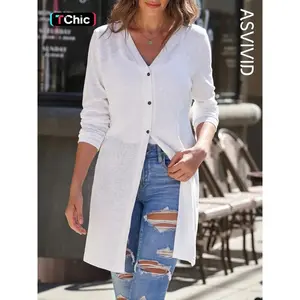 Women's Plain Button Front V Neck Cardigan, Casual Long Sleeve Midi Cardigan for Spring & Fall, Ladies Knit Clothing for Daily Wear