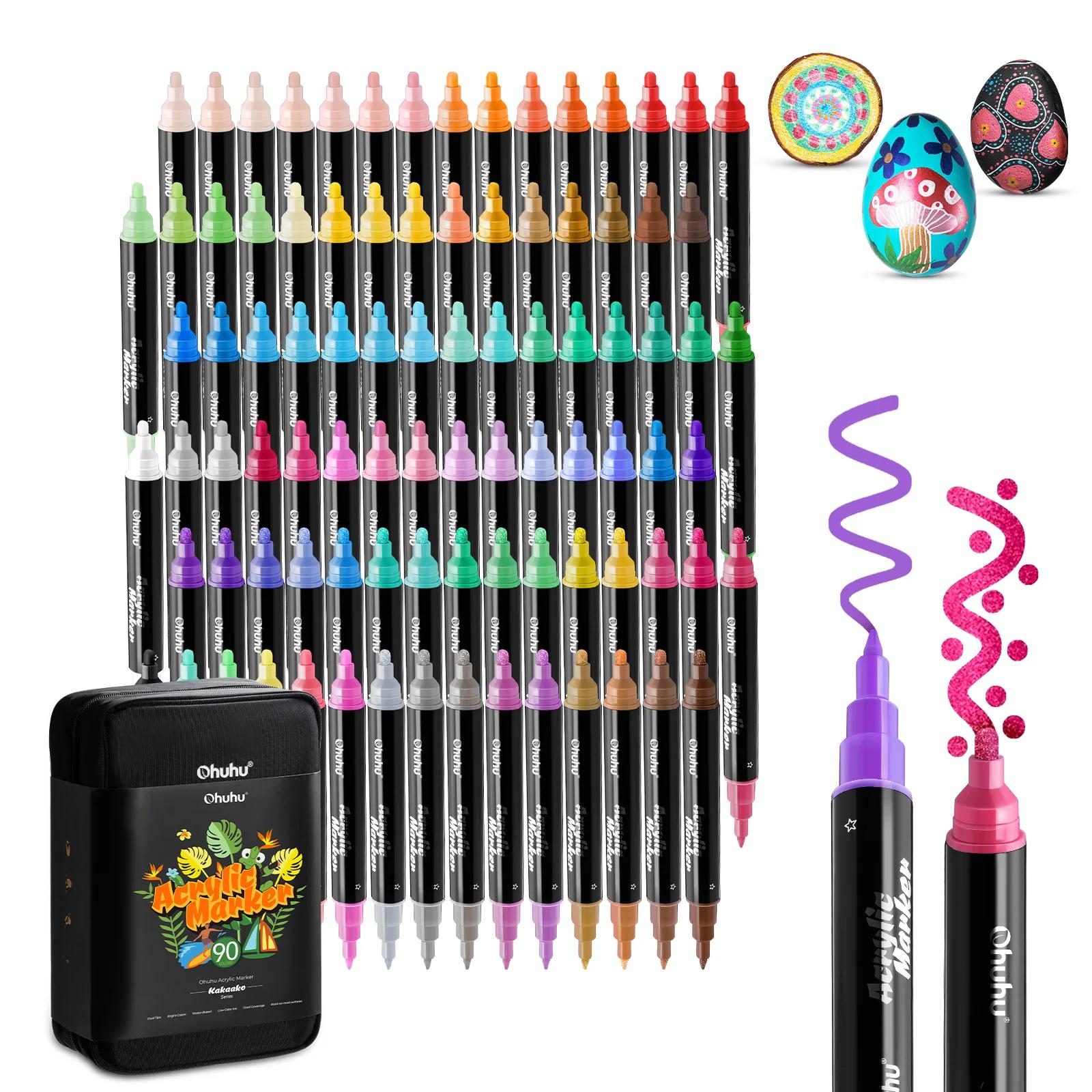 Ohuhu Acrylic Paint Pens:  Dual Tips (Round & Fine) - 90 Colors - Acrylic Markers High Opacity Paint Markers Waterproof Lightfast for Rock Painting Easter Eggs Wood Glass Ceramic Canvas - Kakaako Series of Ohuhuart