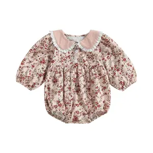 Infant Baby Girl Fall Clothes Floral Print Long Sleeve Romper Peter Pan Collar Ruffle Jumpsuit Bodysuit Cute Summer Outfits