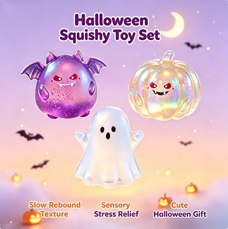 Halloween Glitter Slow Rising Squishy Toy Bat Ghost Pumpkin Stress Relief Squeeze Toy, Soft Stretchy Spooky Sensory Fidget, Ideal for Kids Party Favors, Goodie Bag Fillers & Halloween Table Decor