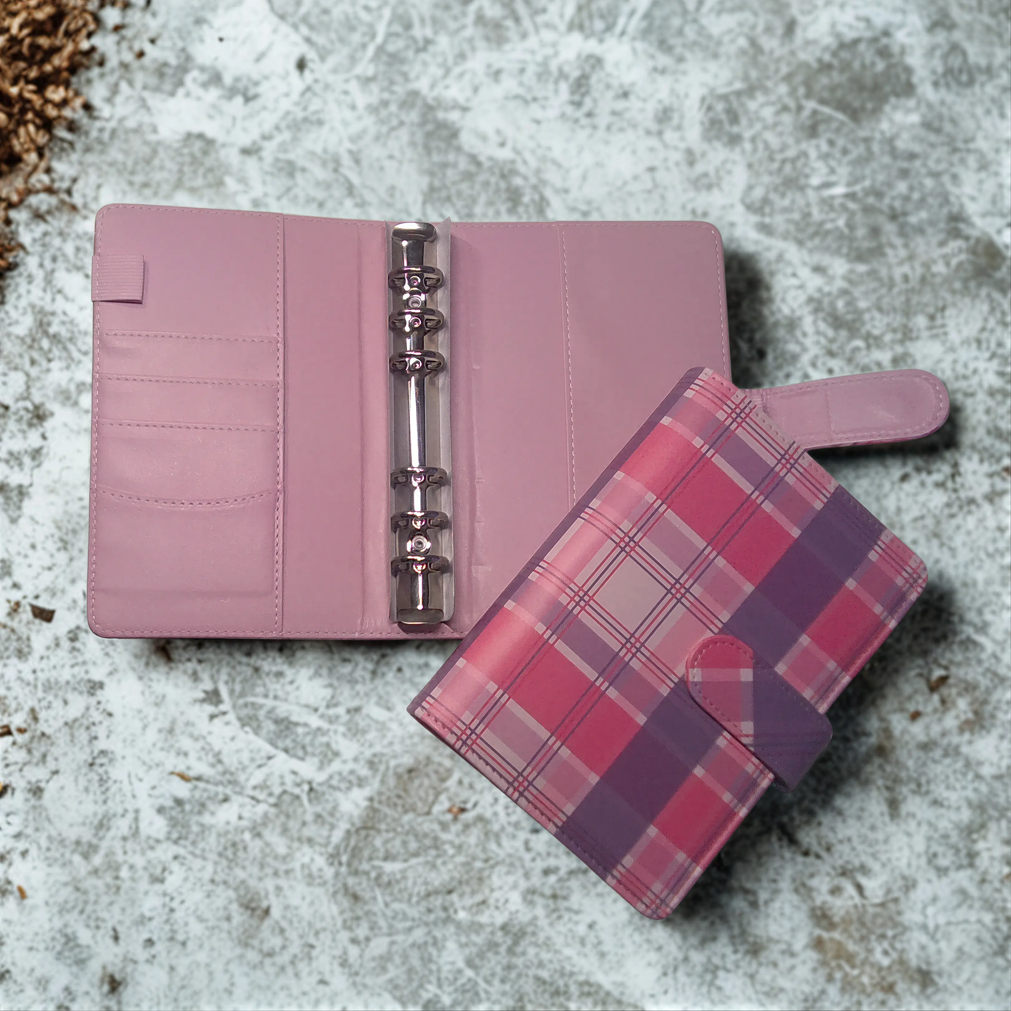 Pink Plaid Leather Planner Binder - Portable A6 Organizer with Pen Loop