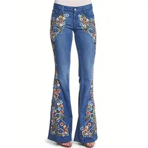 Deep Blue Floral Embroidered Bell Bottom Jeans — Chic women’s casual micro flared denim, sizes S–4XL, machine washable, button closure