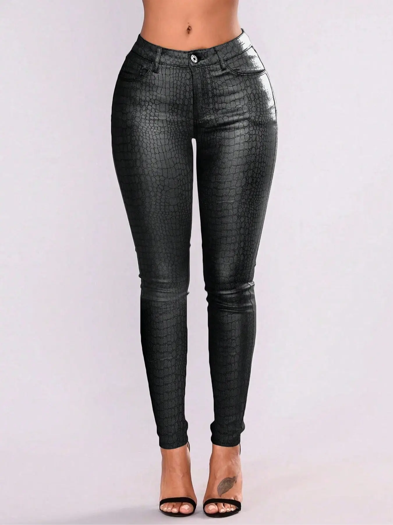 Women's Punk Style High Waist PU Leather Pants, Crocodile Print, Slant Pockets, Slim Fit Ankle Pants, Party & Music Festival Wear, Womenswear, Slim Fit Ankle Pants For Women